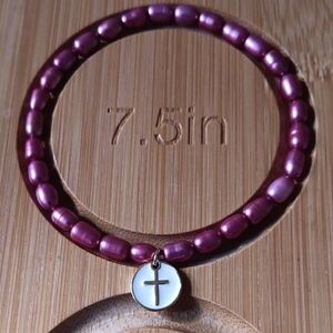 Reddish Pink Dyed Freshwater Pearl Cross Charm Bracelet